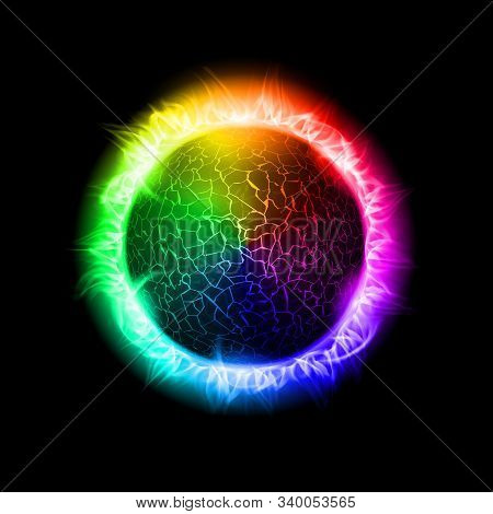 Illustration Of A Colored Fiery Ball Of A Burning Star, Solar Disk. Solar Flare Burning Around Astro