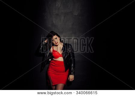 Fat Woman In Red Underwear In Black Room