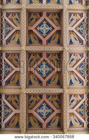 Jerusalem, Israel, December 07, 2019 : Decorative Ceiling In The Our Lady Of The Ark Of The Covenant