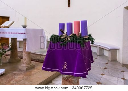 Jerusalem, Israel, December 07, 2019 : Stand With Decorative Candles In Interior Of The Our Lady Of 