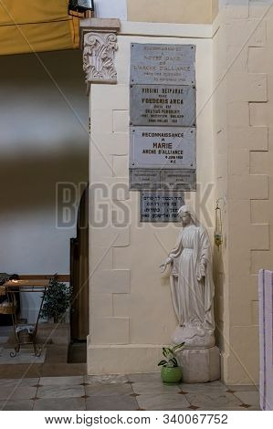 Jerusalem, Israel, December 07, 2019 : The Marble Statue In Interior Of The Our Lady Of The Ark Of T