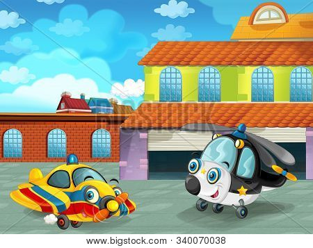 Cartoon Scene With Plane Vehicle On The Road Near The Garage Or Repair Station And Helicopter - Illu