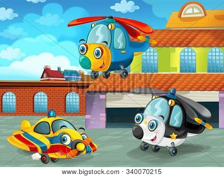 Cartoon Scene With Plane Vehicle On The Road Near The Garage Or Repair Station And Helicopter Flying