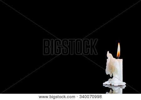 Burning Candles On A Black Background. Symbol Of Religion Or Grief And Loss Or Tragedy. Template For