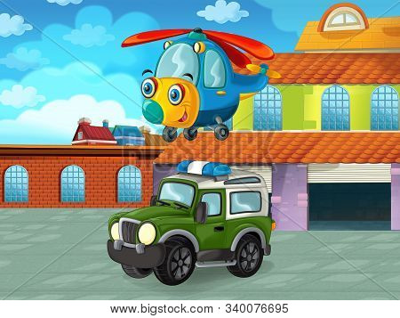Cartoon Scene With Car Vehicle On The Road Near The Garage Or Repair Station - Illustration For Chil