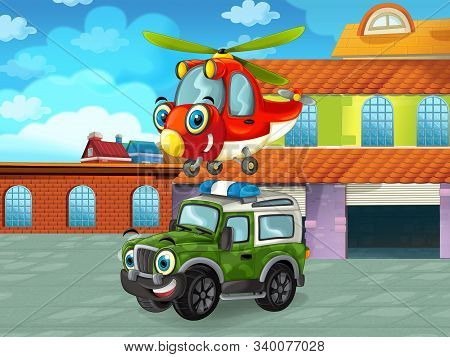 Cartoon Scene With Car Vehicle On The Road Near The Garage Or Repair Station - Illustration For Chil