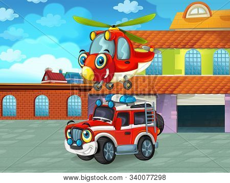 Cartoon Scene With Car Vehicle On The Road Near The Garage Or Repair Station - Illustration For Chil
