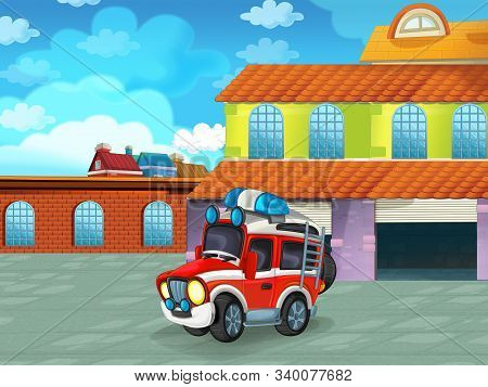 Cartoon Scene With Car Vehicle On The Road Near The Garage Or Repair Station - Illustration For Chil