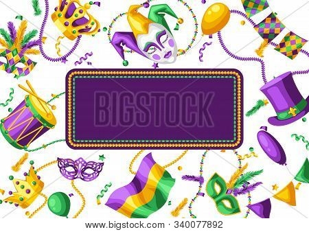 Mardi Gras Party Greeting Or Invitation Card. Carnival Background For Traditional Holiday Or Festiva