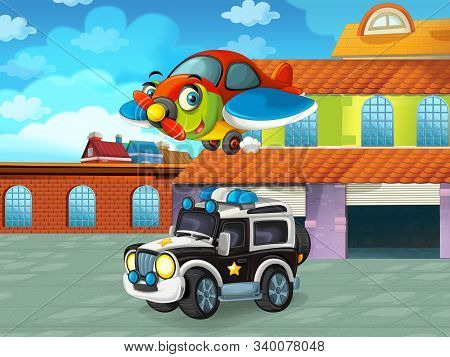 Cartoon Scene With Car Vehicle On The Road Near The Garage Or Repair Station - Illustration For Chil