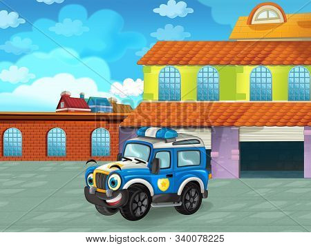 Cartoon Scene With Car Vehicle On The Road Near The Garage Or Repair Station - Illustration For Chil