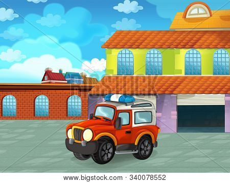 Cartoon Scene With Car Vehicle On The Road Near The Garage Or Repair Station - Illustration For Chil