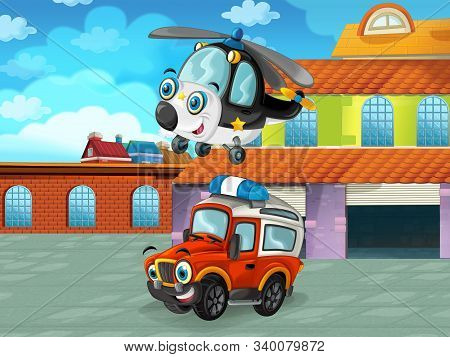 Cartoon Scene With Car Vehicle On The Road Near The Garage Or Repair Station - Illustration For Chil