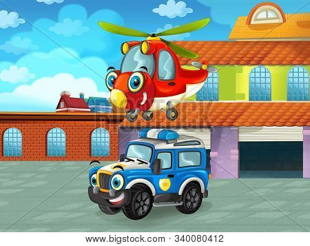 Cartoon Scene With Car Vehicle On The Road Near The Garage Or Repair Station - Illustration For Chil