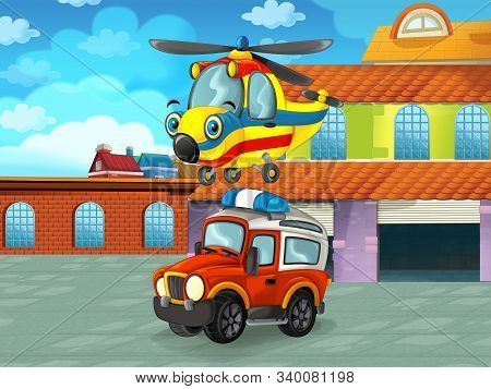 Cartoon Scene With Car Vehicle On The Road Near The Garage Or Repair Station - Illustration For Chil
