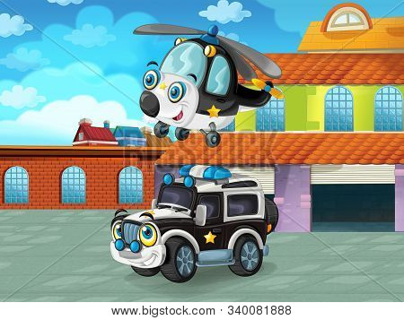 Cartoon Scene With Car Vehicle On The Road Near The Garage Or Repair Station - Illustration For Chil