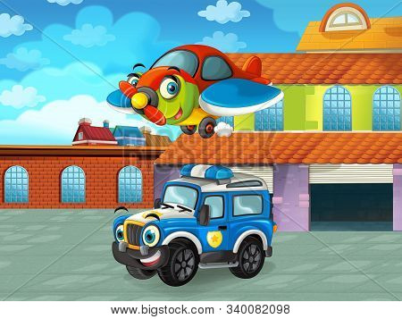 Cartoon Scene With Car Vehicle On The Road Near The Garage Or Repair Station - Illustration For Chil