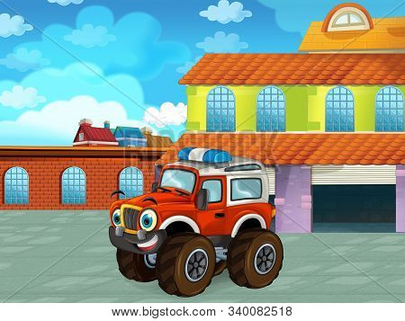 Cartoon Scene With Car Vehicle On The Road Near The Garage Or Repair Station - Illustration For Chil