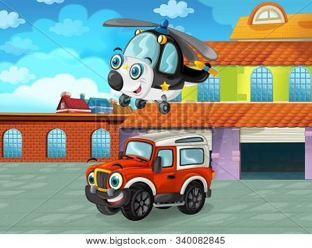 Cartoon Scene With Car Vehicle On The Road Near The Garage Or Repair Station - Illustration For Chil