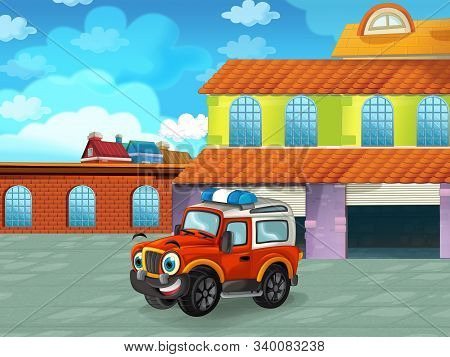 Cartoon Scene With Car Vehicle On The Road Near The Garage Or Repair Station - Illustration For Chil