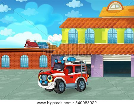 Cartoon Scene With Car Vehicle On The Road Near The Garage Or Repair Station - Illustration For Chil