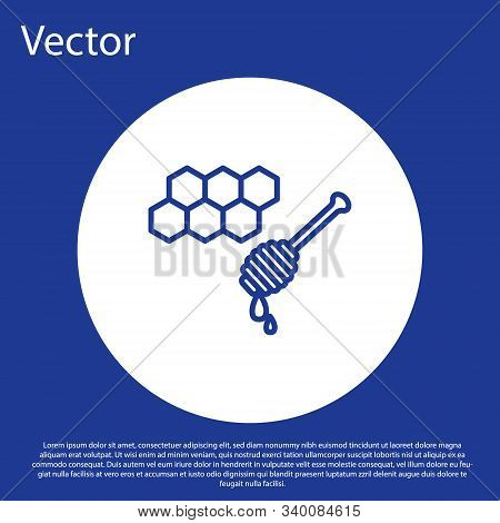 Blue Line Honeycomb With Honey Dipper Stickicon Isolated On Blue Background. Honey Ladle. Honey Cell