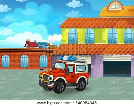 Cartoon Scene With Car Vehicle On The Road Near The Garage Or Repair Station - Illustration For Chil