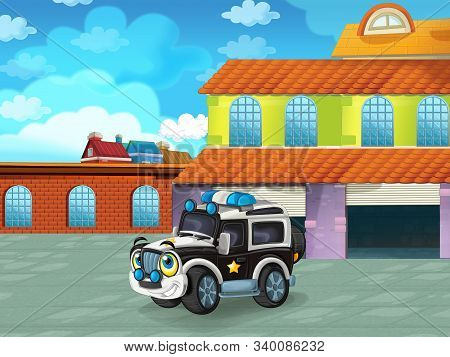 Cartoon Scene With Car Vehicle On The Road Near The Garage Or Repair Station - Illustration For Chil