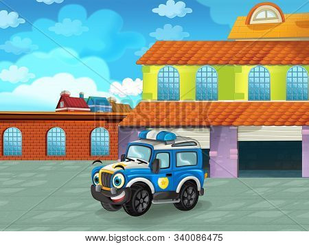 Cartoon Scene With Car Vehicle On The Road Near The Garage Or Repair Station - Illustration For Chil