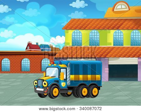 Cartoon Scene With Car Vehicle On The Road Near The Garage Or Repair Station - Illustration For Chil