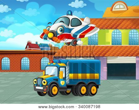 Cartoon Scene With Car Vehicle On The Road Near The Garage Or Repair Station - Illustration For Chil