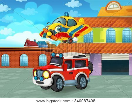 Cartoon Scene With Car Vehicle On The Road Near The Garage Or Repair Station - Illustration For Chil