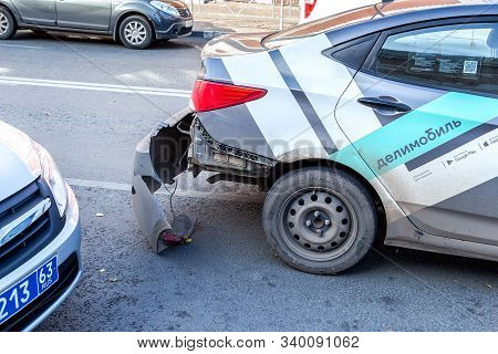 Samara, Russia - October 5, 2019: Car-sharing Car Crashed In An Accident. Damaged Car Sharing Car. C