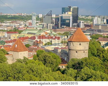 Tallinn, Estonia- August 20, 2019: Top View For Viru Street And Sokos Hotel And Old Thomas Tower. Su