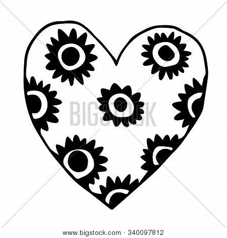 Hand Drawn Black And White Doodle Heart With Flowers. Vector Illustration. Scribble Heart. Love Conc
