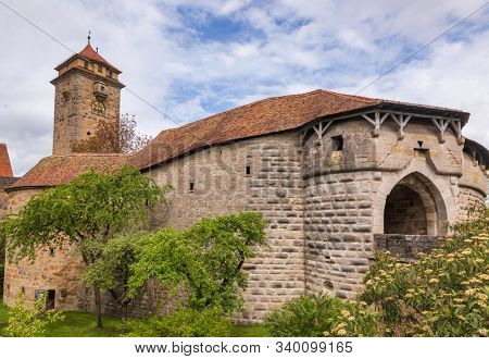 Spital bastion moat, a part  of Old Town fortification, Rothenburg ob der Tauber, Bavaria, Germany, Europe