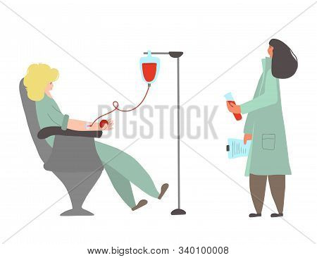 Blood Donation Concept. Young Woman Character Sitting In A Chair And Female Doctor Standing With Doc