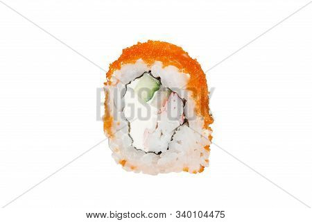 A Piece Of Sushi Rall Isolated On White Background. Japanese Cuisine.