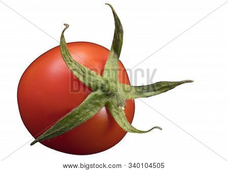 Bright Red Sweet And Sour Cherry Tomatoes With Petioles And Leaves On A White Background