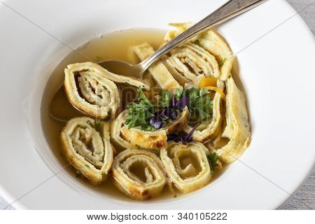 Overview Of Bavarian Pancake Soup In A Bowl