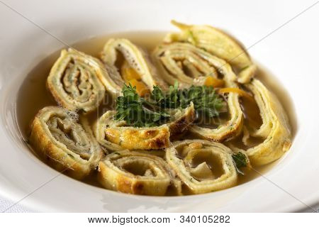 Overview Of A Bavarian Pancake Soup In A Bowl