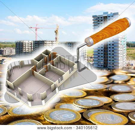 Buying An Apartment In A House Under Construction. Project Of An Apartment Lying On The Trowel On Th