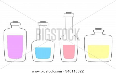 A Set Of Bottles Of Different Shapes With Different Pastel Color Liquids. Cartoon Flat Simple Vials 