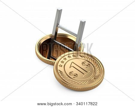 Sewer Manhole With Stairs Inside. Covered With A Gold Coin. Mortgages, Life On Credit. Debentures. 3