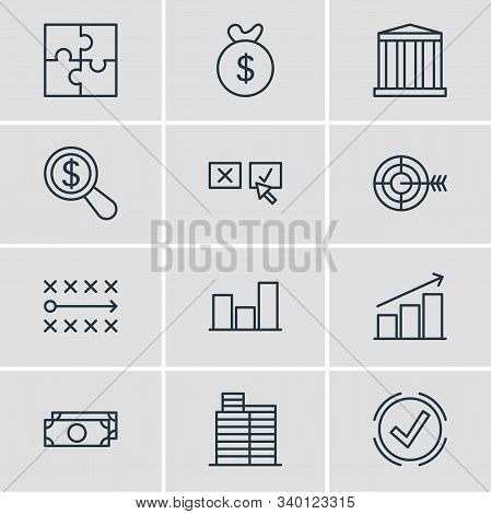 Vector Illustration Of 12 Trade Icons Line Style. Editable Set Of Bank, Research, Deside Task And Ot