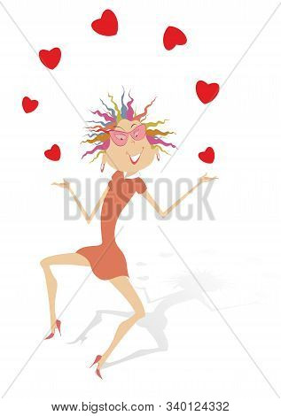 Smiling Woman Juggles The Hearts Illustration. Smiling Woman Juggles With The Heart Symbols Isolated
