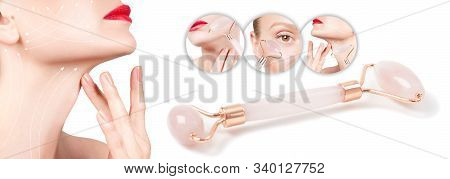 Concept Of Skin Rejuvenation. Face Lift Anti-aging Treatment With Jade Roller. Woman With Perfect Sk