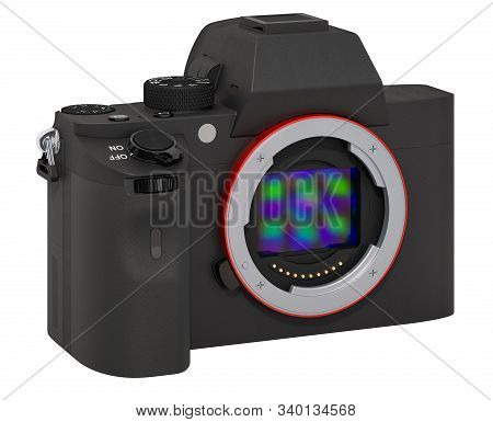 Full Frame Mirrorless Interchangeable-lens Digital Camera, Body. 3d Rendering Isolated On White Back