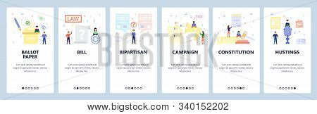 Mobile App Onboarding Screens. Law And Court Hammer, Marketing Campaign, Ballot, Election. Menu Vect