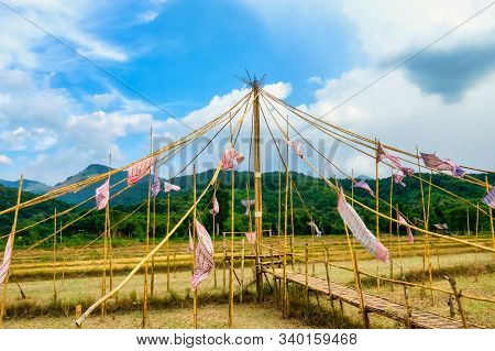 Thai Bamboo Walking Path And Bridge With Beautiful Sky And Forrest Background